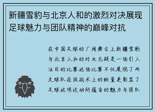 新疆雪豹与北京人和的激烈对决展现足球魅力与团队精神的巅峰对抗